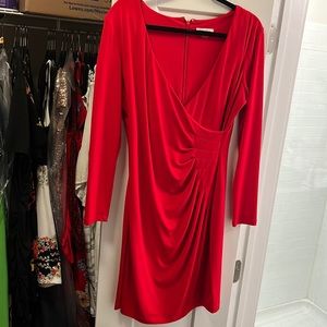Calvin Klein red long sleeved v-neck pleated waist dress work business event